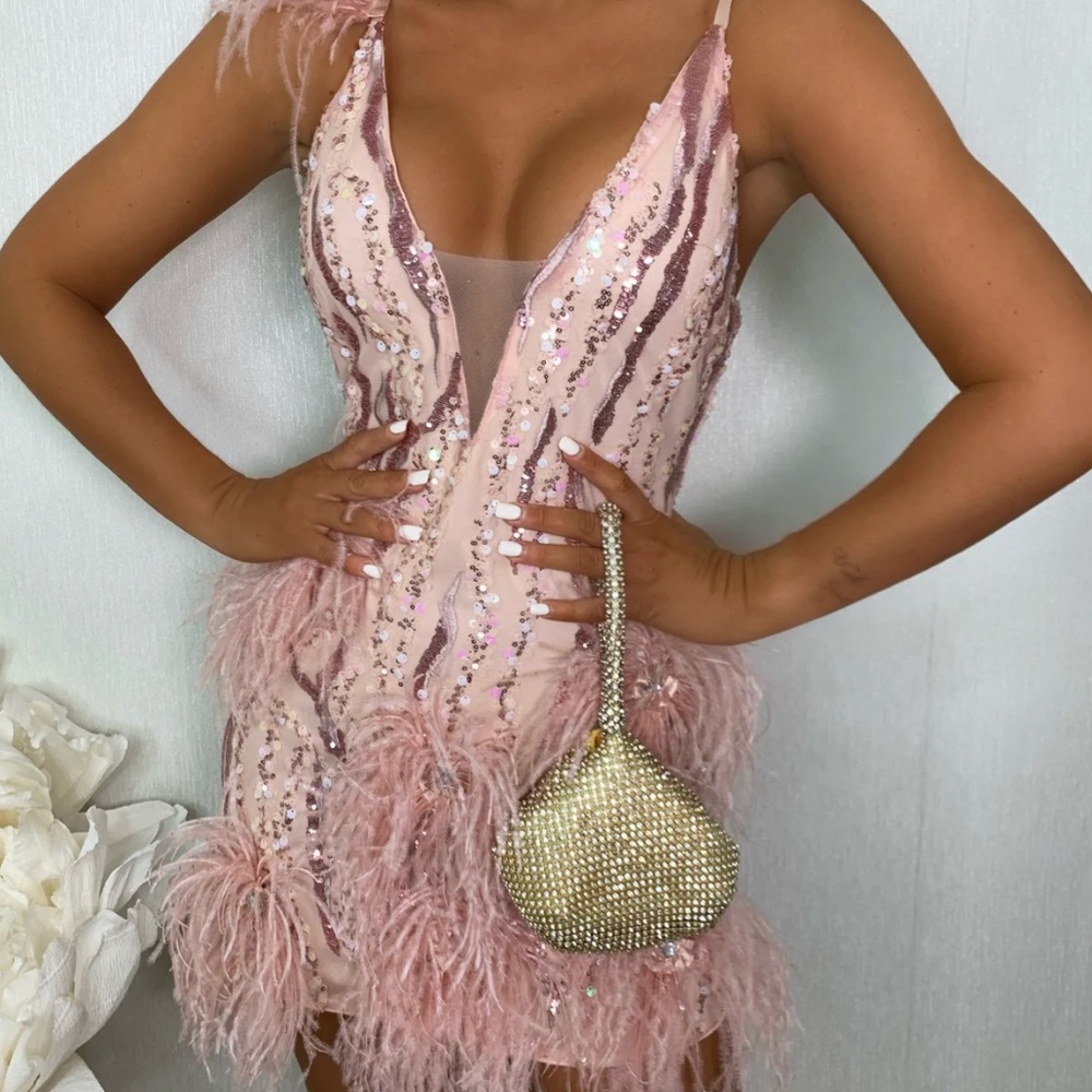 Pink embellished feather dress